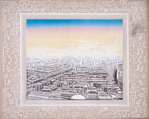 Vista aérea de Londres enmarcada en un borde decorativo, c1845