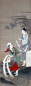 Two Beauties at the Crystal River in Mishima (tinta, gofun y color sobre seda)
