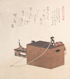 Caja para juego de Sugoroku, una especie de backgammon, arco y tambor de Kubo Shunman