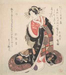 Cortesana vestida con un elaborado vestido bordado con emblemas de buena suerte, ca. 1800 de Kubo Shunman
