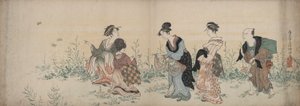 Cuatro chicas y un sirviente disfrutando de flores silvestres y mariposas.