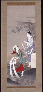Two Beauties At The Tamagawa (Crystal River) In Mishima (tinta, gofun y color sobre seda) de Kubo Shunman