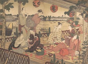 Dos jóvenes y varias mujeres cenando en una casa de té en la orilla del río Sumida, ca. 1788 de Kubo Shunman