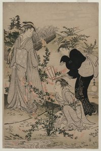 Mujeres cortando ramas de trébol; El río Noji Tama en la provincia de Omi, de una serie sin título de los seis ríos Tama de Kubo Shunman