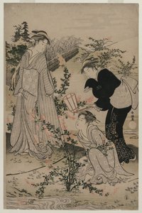 Mujeres cortando ramas de trébol de arbusto, El río Noji Tama en la provincia de Omi..., finales de la década de 1780 de Kubo Shunman