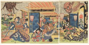 Minamoto no Yorimitsu y sus seguidores derrotan a la araña de tierra, c. 1804-1818 (xilografía (nishiki-e); tinta y color sobre papel)