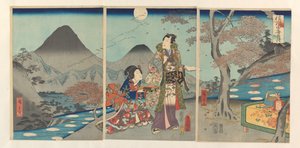 La luna reflejada en los arrozales de Shinano Shinshû tagoto no tsuki (título sobre objeto) de Kunisada (II) , Utagawa