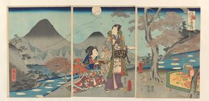 La luna reflejada en los arrozales de Shinano Shinshû tagoto no tsuki (título sobre objeto) de Kunisada (II) , Utagawa