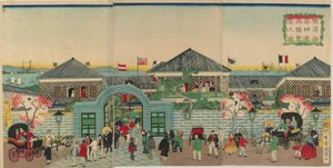 Imagen de la Prosperidad de los Establecimientos Mercantiles a lo largo de Nakadouri en Yokohama, era Meiji, 1870 de Kuniteru II Utagawa