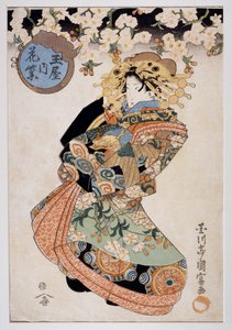 Cortesana Hanamurasaki de la casa de té Tamaya, ca. 1830, grabado artístico Ukiyo-e de Utagawa Kunitomi (activo 1810-1830), xilografía Oban-tate-e, 38,2x26,5 cm, civilización japonesa de Kunitomi Utagawa