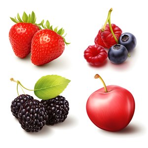 Conjunto de 4 frutas y bayas aisladas sobre fondo blanco. 1