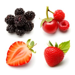 4 frutas y bayas aisladas sobre fondo blanco conjunto. 2