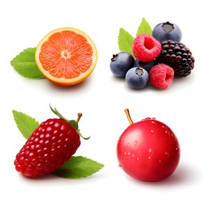 4 frutas y bayas aisladas sobre fondo blanco conjunto. 3