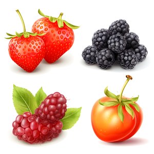 4 frutas y bayas aisladas sobre fondo blanco conjunto. 4