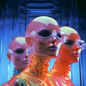 6 mujeres con máscaras 3d paramétricas de plástico fluorescente en una arquitectura futura surrealista y paramétrica, 1