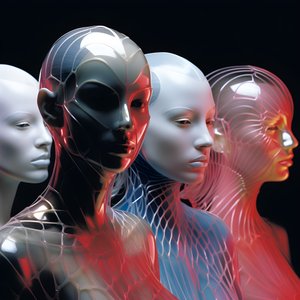 6 mujeres con máscaras 3d paramétricas de plástico fluorescente en una arquitectura futura surrealista y paramétrica, 4
