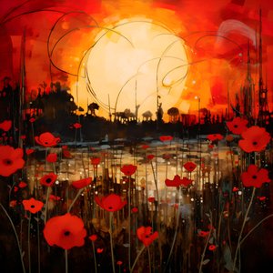 Paisaje abstracto con un campo de flores silvestres y un llamativo sol rojo. 1