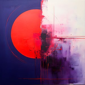 Cuadro abstracto de un círculo morado y otro rojo 1