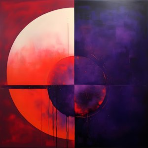 Cuadro abstracto de un círculo morado y otro rojo 3