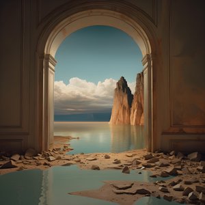 Una imagen de una habitación sin usar con el lago masivo y el desierto en un agujero enorme futurecore, alto contraste claroscuro tonos cálidos 1