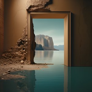 Una imagen de una habitación sin usar con el lago masivo y el desierto en un agujero enorme futurecore, alto contraste claroscuro tonos cálidos 3
