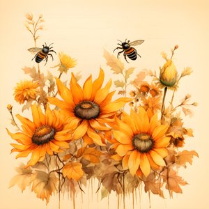 Girasoles en acuarela y siluetas de abejas rellenas de poemas otoñales escritos a mano 2