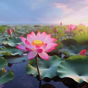 Grandes y hermosas flores de loto florecen en la superficie clara del agua, hojas verdes de loto y rocío sobre las flores de loto. La puesta de sol brilla en la superficie del agua 1