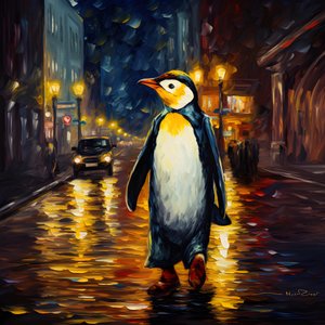 Un pingüino con traje camina por la calle 1