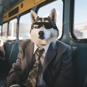 Un perro Husky siberiano con traje y gafas de sol en la estación de autobuses, como un caballero 2