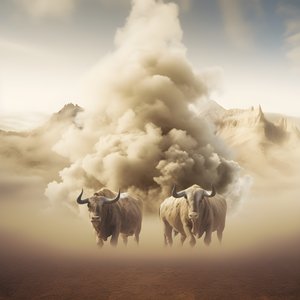Pintura abstracta fractal sobre lienzo, textura beige-blanco-humo. 3 toros negros emergiendo del humo con el monte Ararat en el horizonte. Poses que recuerdan a los toros de Wall Street en Nueva York. 2