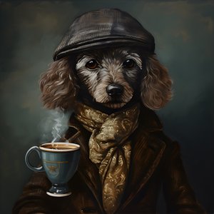 Un caniche sofisticado bebe una taza de té, lleva un jersey de cuello alto y una gorra plana, fondo ahumado 1