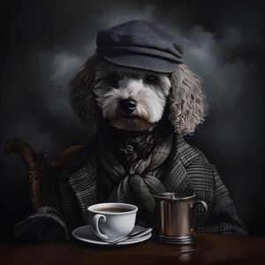Un caniche sofisticado bebe una taza de té, lleva un jersey de cuello alto y una gorra plana, fondo ahumado 2