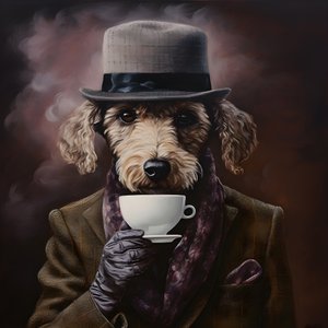 Un sofisticado caniche bebe una taza de té, lleva un jersey de cuello alto y una gorra plana, fondo ahumado 3