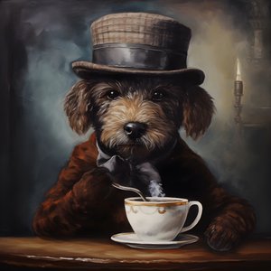 Un caniche sofisticado bebe una taza de té, lleva un jersey de cuello alto y una gorra plana, fondo ahumado 4