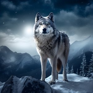 Un majestuoso lobo gris en la cima de una montaña nevada 1