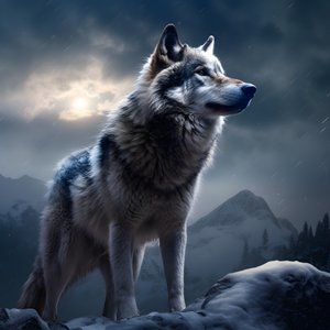 Un majestuoso lobo gris en la cima de una montaña nevada 4