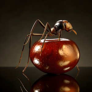 Una hormiga marrón trepa por una manzana gigante 4
