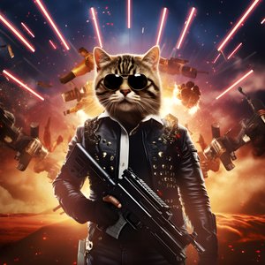 Cartel de cine de un gato con camisa de lunares blancos y negros y gafas de sol brillantes, con explosiones y cañones de fondo 2