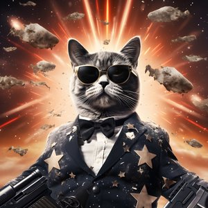 Cartel de cine de un gato con camisa de lunares blancos y negros y gafas de sol brillantes, con explosiones y cañones de fondo 4