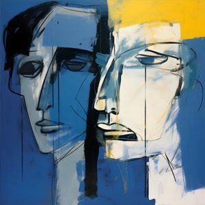 Pintura de dos cabezas sobre fondo azul 4