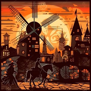 Fondo Don Quijote en el extremo derecho en su burro tan pequeño como una sombra, frente a los molinos de viento, un telón de fondo apropiado 4