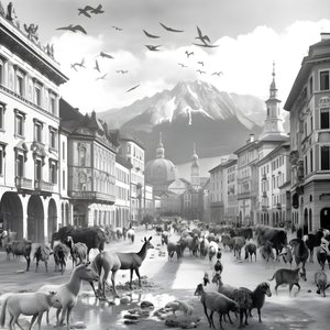 Innsbruck en una fotografía antigua con elegantes cebras, gaviotas, monos y figuras de arcilla. 2
