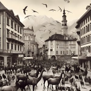 Innsbruck en una fotografía antigua con elegantes cebras, gaviotas, monos y figuras de arcilla. 4