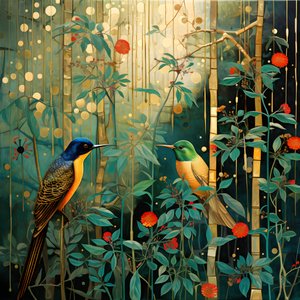 Colibríes y una rana en el bosque 1