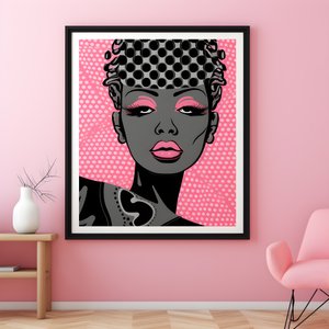 Obra de arte de una mujer negra en un marco de madera rosa, proclamando que es fuerte 4