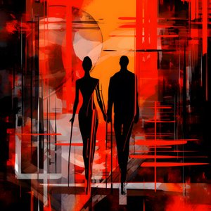 Hombre de rojo, mujer de naranja y negro 2