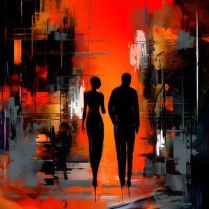 Hombre de rojo, mujer de naranja y negro 3