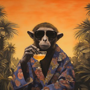 Primer plano de un mono chulo con kimono japonés y gafas de sol, en un paisaje tropical 4