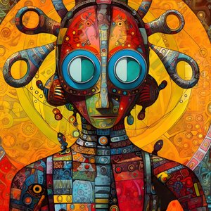 Carnaval Cajun Swamp Mutant Sci-Fi Droid, en el estilo artístico de Tim Burton y Beksinski 1