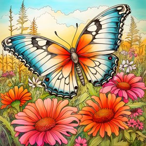 Mariposa en un prado con un enrejado de flores 2